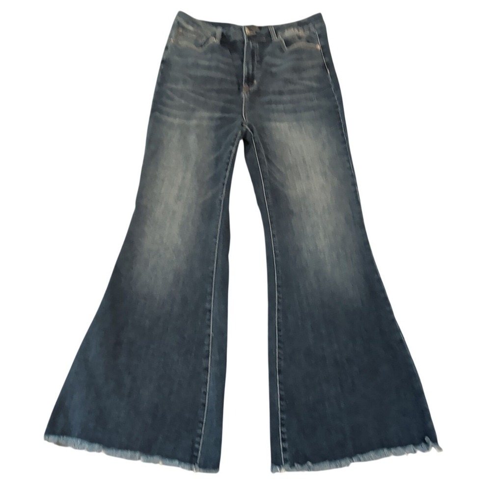 Risen High Rise Raw Hem Flare Blue Denim Jean Women's Size 1XL Distressed